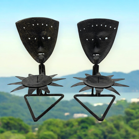 Lot 2 x Vintage 1990’s Pier 1 Metal Candle Holders Table African Tribal Masks - Picture 4 of 9